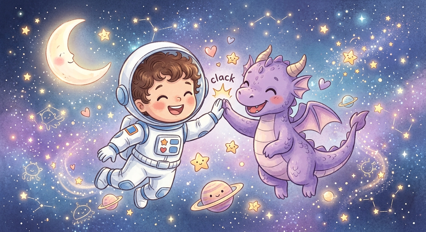 Boy in astronaut helmet with a friendly dragon
